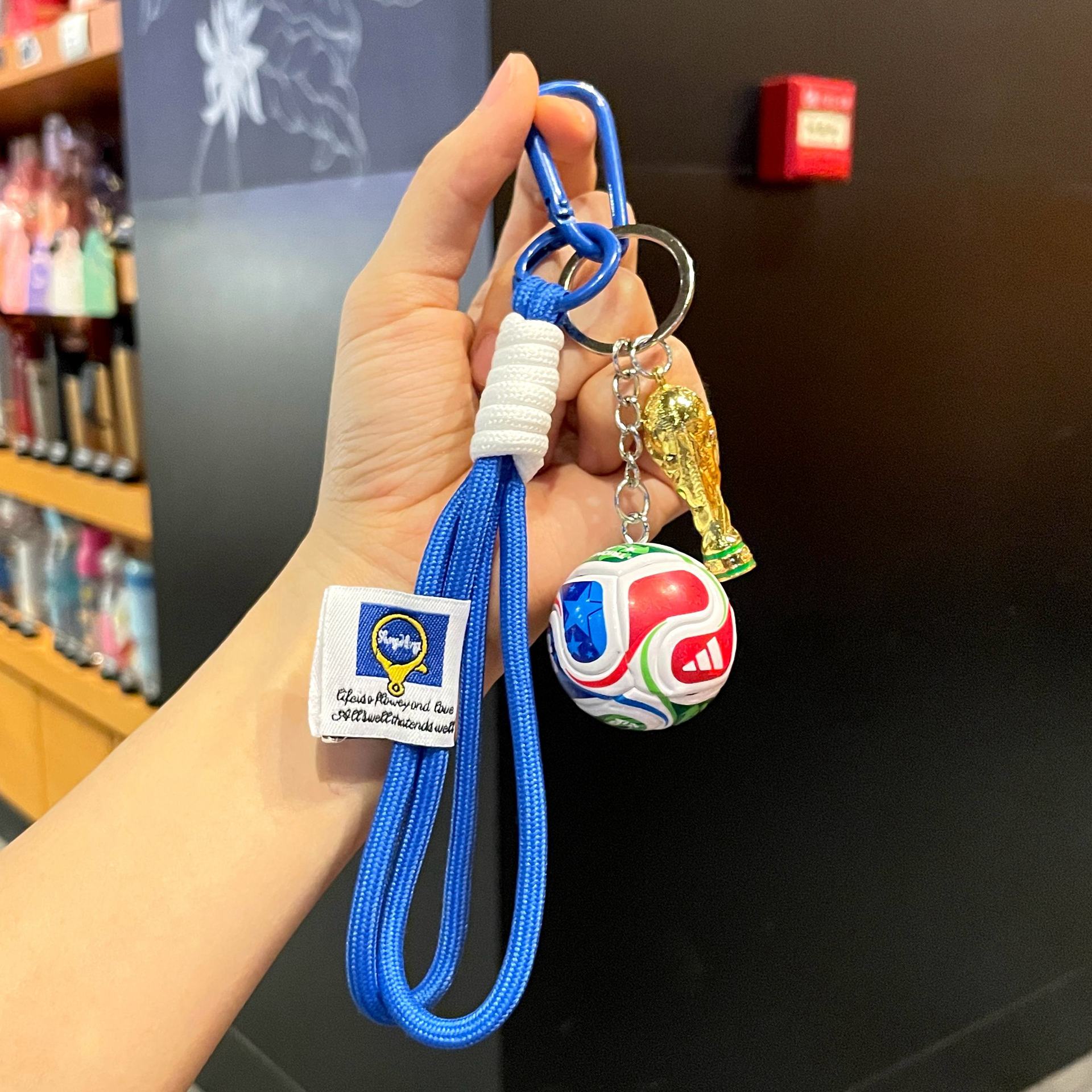 World Cup Soccer Ball and Trophy Keychain, Blue Lanyard, Zinc Alloy Fan Gear